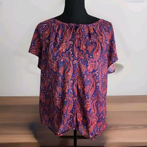 Liz Claiborne Blouse XL Paisley Jewel Tone Semi Sheer Tie Neck Button Up Dressy